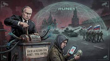 Ilustración: Vladimir Putin corta cables de fibra óptica. Ciudadano frustrado con teléfono sin señal y rublos. Fondo: Plaza Roja con desfile militar y cúpula 'Runet'.