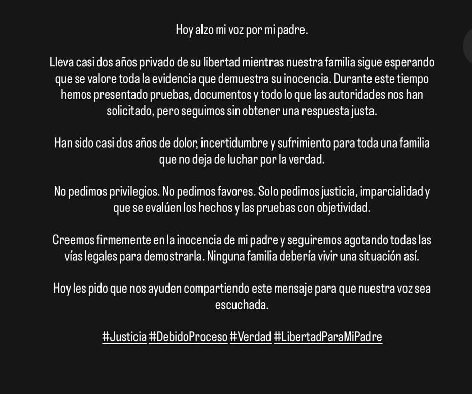 Mirella Paz pidió en redes sociales un debido proceso para su padre, recluido en un penal de Lima desde agosto de 2024. IG