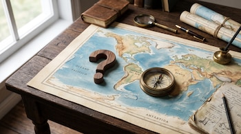 Mapa mundial extendido sobre una mesa de madera con una brújula de bronce, un signo de interrogación de madera, una lupa y cuadernos.