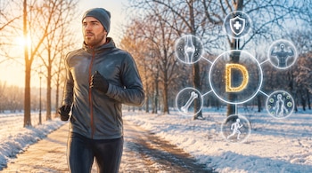 Hombre con gorro y ropa deportiva corre en un parque nevado. El sol brilla al fondo. Círculos con la letra D y varios íconos de bienestar.