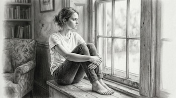 Dibujo a lápiz en blanco y negro de una mujer sentada descalza en el alféizar de una ventana, con camiseta blanca y jeans, mirando hacia el exterior.