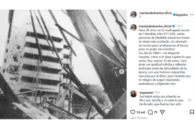 La esposa del capo compartió fotografías del atentado registrado en 1988 - crédito @mariaisabelsantos.oficial/Instagram