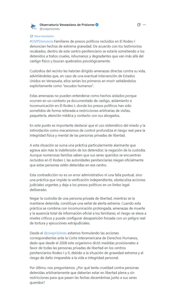 La denuncia del Observatorio Venezolano