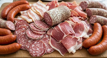Primer plano de una tabla de madera repleta de una variedad de fiambres y embutidos, incluyendo salchichas, rodajas de salame y lonchas de jamón curado.
