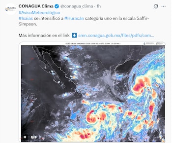 Captura de pantalla de una publicación de redes sociales con texto informativo y una imagen de satélite meteorológico en varios colores