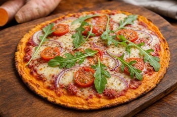 Pizza con base anaranjada, queso derretido, rodajas de tomate, cebolla morada y rúcula sobre una tabla de cortar de madera.
