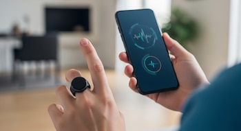 Una mano usa un anillo inteligente negro en el dedo índice; otra mano sostiene un teléfono móvil con gráficos de monitoreo de salud en la pantalla.