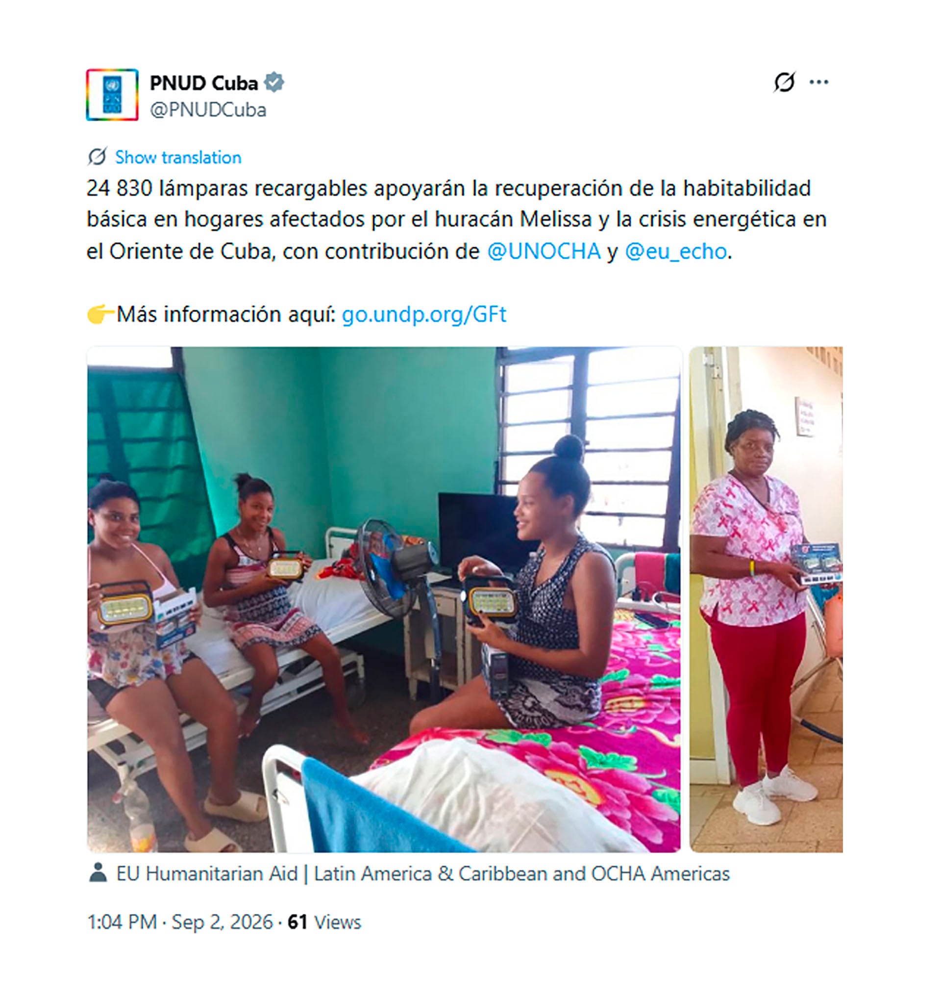 El Programa de las Naciones Unidas para el Desarrollo distribuyó 24.830 lámparas recargables a familias afectadas por la crisis energética en el oriente de Cuba (@PNUDCuba)