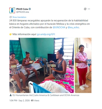 Captura de una publicación en redes sociales con fotografías de mujeres sosteniendo lámparas LED recargables