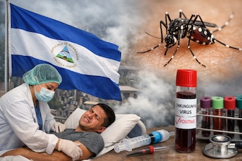 Composición con bandera de Nicaragua, médica atendiendo a paciente sufriendo, mosquito Aedes, vial "CHIKUNGUNYA VIRUS POSITIVE", jeringa y estetoscopio.