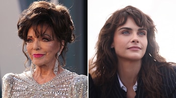 Dos fotografías divididas por una línea vertical que muestran a Joan Collins a la izquierda y a Cara Delevingne a la derecha.