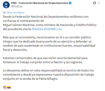 Este fue el mensaje de la Federación Nacional de Departamentos para el nuevo ministro de Hacienda - crédito @FNDCol/X