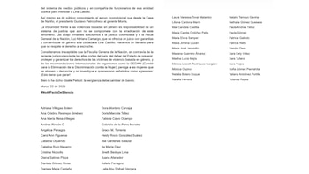 La carta colectiva advierte que la Fiscalía no aplicó enfoque de género en la investigación y que persiste la intimidación institucional - crédito @MJDuzan/X