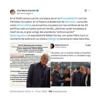 La congresista del partido Cambio Radical cuestionó la relación entre Gustavo Petro y Rafael Correa, expresidente condenado en Ecuador por corrupción en caso de sobornos - crédito @linamariagarri1/X