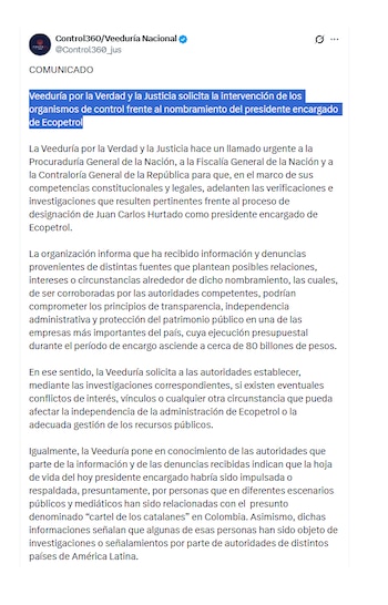Veeduría por la Verdad y la Justicia se pronunció sobre Juan Carlos Hurtado y Ecopetrol