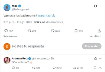 Captura de pantalla de red social. Conversación entre fede y Arantza Ruiz, usuarios verificados. Mensajes 'Vamos a los backrooms?' y 'Dónde firmo!?'. Muestra métricas