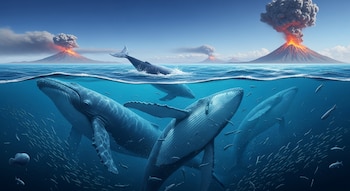 Ilustración de ballenas azules en un océano azul brillante con un volcán en erupción lanzando ceniza al fondo. Se ven peces pequeños bajo el agua.