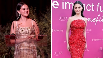 Del rojo rubí al champán: los dos looks de Selena Gomez que iluminaron una gala solidaria en Los Ángeles