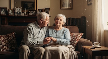 Pareja de ancianos sentada en un sofá en su sala, tomados de la mano. El hombre mira a la mujer, ella mira al frente. Fondo con fotos y estantería.