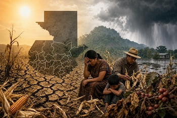 Silueta del mapa de Guatemala sobre terreno seco, plantas de maíz dañadas, una familia sentada en el suelo y lluvia en un campo inundado.