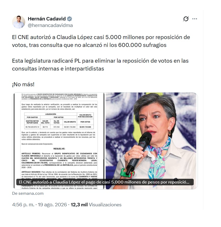 Con este mensaje en X, el senador Hernán Cadavid lanzó duras críticas a Claudia López y al CNE por la reposición de votos - crédito @hernancadavidm/X