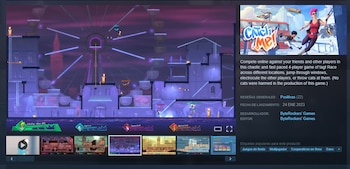 Captura de pantalla de la interfaz de una tienda de videojuegos mostrando la página del juego 'Catch Me!', con su descripción, fecha de lanzamiento y reseñas positivas