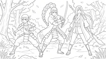 Dibujo en líneas negras de tres personajes con protectores frontales, armaduras y armas blancas en un claro del bosque