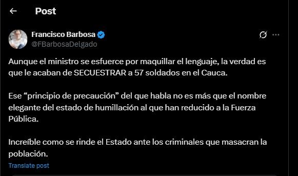 Francisco Barbosa también se fue en contra del jefe de la cartera de Defensa - crédito @FBarbosaDelgado