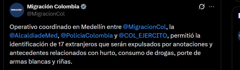 El comunicado de Migración Colombia indicó que varios de los 17 extranjeros acumulaban capturas en flagrancia, principalmente por hechos relacionados con porte y consumo de estupefacientes - crédito @MigracionCol/X