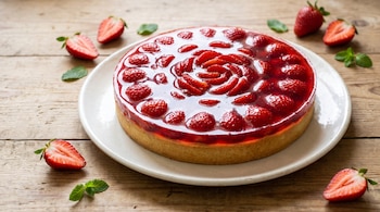 Tarta redonda de frutillas con gelatina sobre plato blanco en mesa de madera, rodeada por frutillas cortadas a la mitad y hojas de menta.