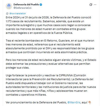 La Defensoría del Pueblo informó que conoció 1.173 casos de reclutamiento de menores entre 2024 y el 31 de julio de 2026 - crédito @DefensoriaCol/X