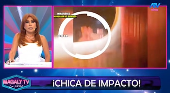 Mujer de cabello rojizo y blusa blanca sentada en un escritorio. Pantalla dividida con video borroso circular, texto "Miraflores" y "03:16 A.M.". Logotipos de televisión