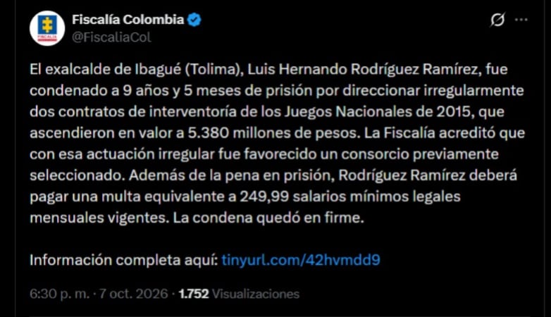 La justicia impuso al exmandatario una sanción económica de 249,99 salarios mínimos legales mensuales vigentes además de la pena privativa de la libertad - crédito @FiscaliaCol / X
