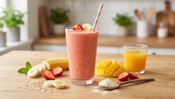 Vaso con batido rosado rodeado de rodajas de plátano, fresas, mango, avena, polvo en una cuchara y un vaso de jugo de naranja sobre una mesa