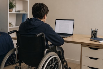 Un joven en silla de ruedas visto de espaldas frente a un escritorio con una computadora portátil abierta, una libreta y un lapicero.