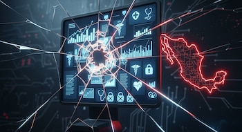 Pantalla de computadora quebrada con iconos médicos, gráficos y candados. Un mapa de México en rojo a la derecha. Fondo con circuitos.