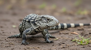 Un tegu argentino blanco y negro con escamas detalladas camina sobre tierra húmeda. Su cuerpo está cubierto de patrones blancos y negros, y su cola es anillada.