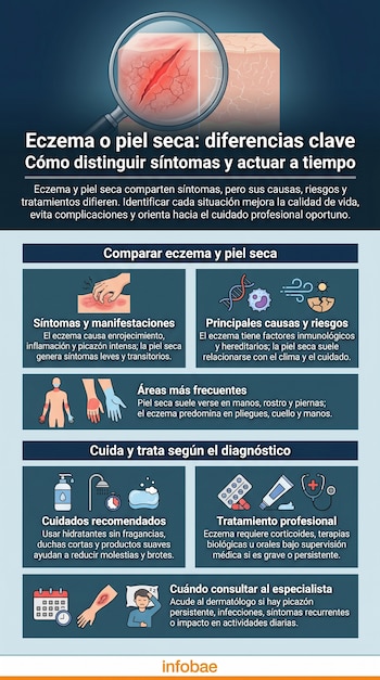 Infografía que compara el eczema y la piel seca, mostrando con ilustraciones sus síntomas, causas, áreas afectadas y tratamientos, bajo un título principal.