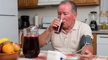 Hombre en la cocina bebe de un vaso, con un manguito de tensiómetro en el brazo; una jarra de bebida y un tazón de frutas sobre la mesa.