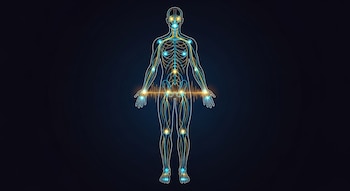 Silueta del cuerpo humano con una red de nervios luminosos en tonos cian y dorado, que conecta puntos de presión en manos, rostro y extremidades.