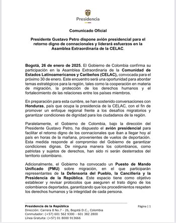 Colombia informó que reforzará dignidad