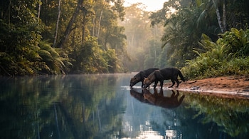 Dos caninos oscuros beben agua en la orilla de un río rodeado por densa vegetación tropical y árboles.