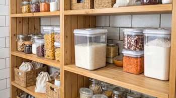 Estantes de madera llenos de recipientes transparentes y frascos de vidrio con harina, arroz, pasta, legumbres y cestas de mimbre.
