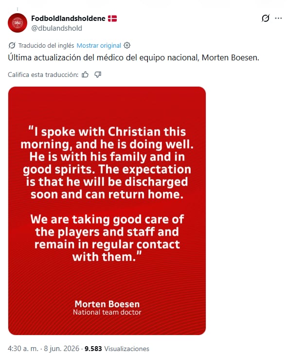El comunicado de la federación danesa de fútbol sobre el estado de salud de Christian Eriksen