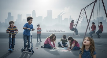 Niños juegan en un parque infantil de la ciudad con un cielo gris y edificios industriales de fondo que emiten humo, indicando alta contaminación.