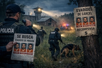 Un grupo de policías busca evadidos en un campo oscuro cerca de una prisión, usando linternas, con un perro policía, un coche patrulla y carteles de "Se Busca".