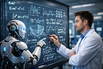 Un robot humanoide blanco y un hombre con bata de laboratorio interactúan con una pizarra digital que muestra fórmulas y gráficos matemáticos.