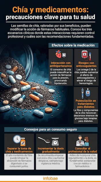 Frasco derramado con semillas de chía, píldoras y cápsulas de colores. Infografía con secciones de texto, iconos de corazón, sangre, medidor y reloj.