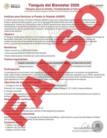 Documento con texto sobre el Tianguis del Bienestar 2026 y logotipos oficiales, tachado con una X roja de gran tamaño en el centro