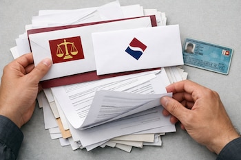 Dos manos revisan papeles sobre una mesa, junto a sobres con los logos del Poder Judicial de Perú y Sunat, y un Documento Nacional de Identidad.